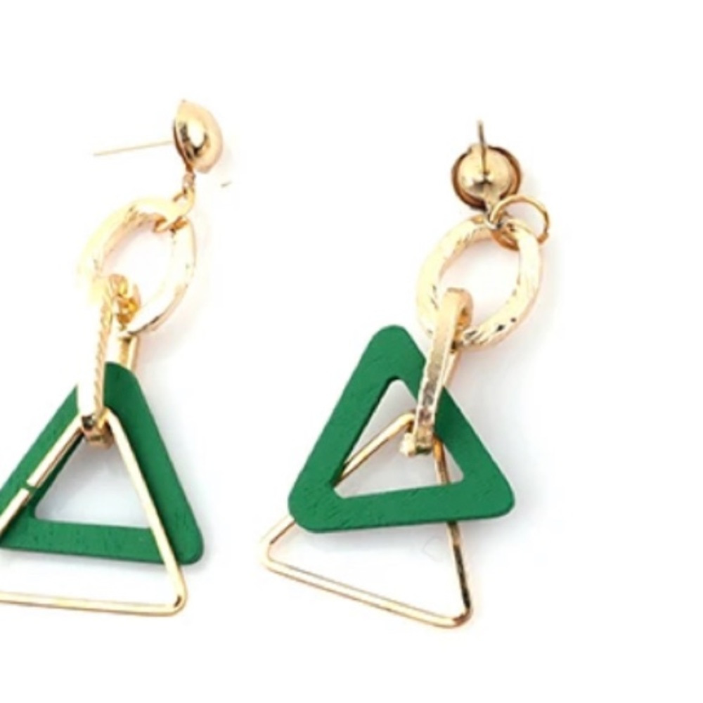 Multi-Shape Colorful Wooden with Gold-Tone Dangle Earrings, Push Back Closure - Picture 10 of 13
